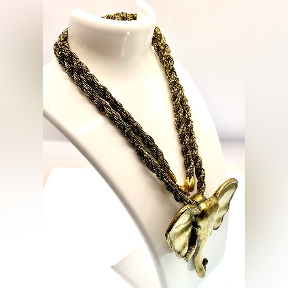 Vintage Large Brass Elephant Pendant on Black and Gold Cord Necklace Boho - Picture 5 of 8